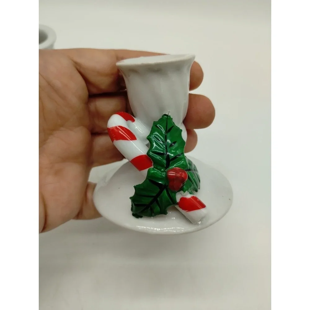 Set Of 2 Christmas Candlesticks Candy Cane Mistletoe White 2.5